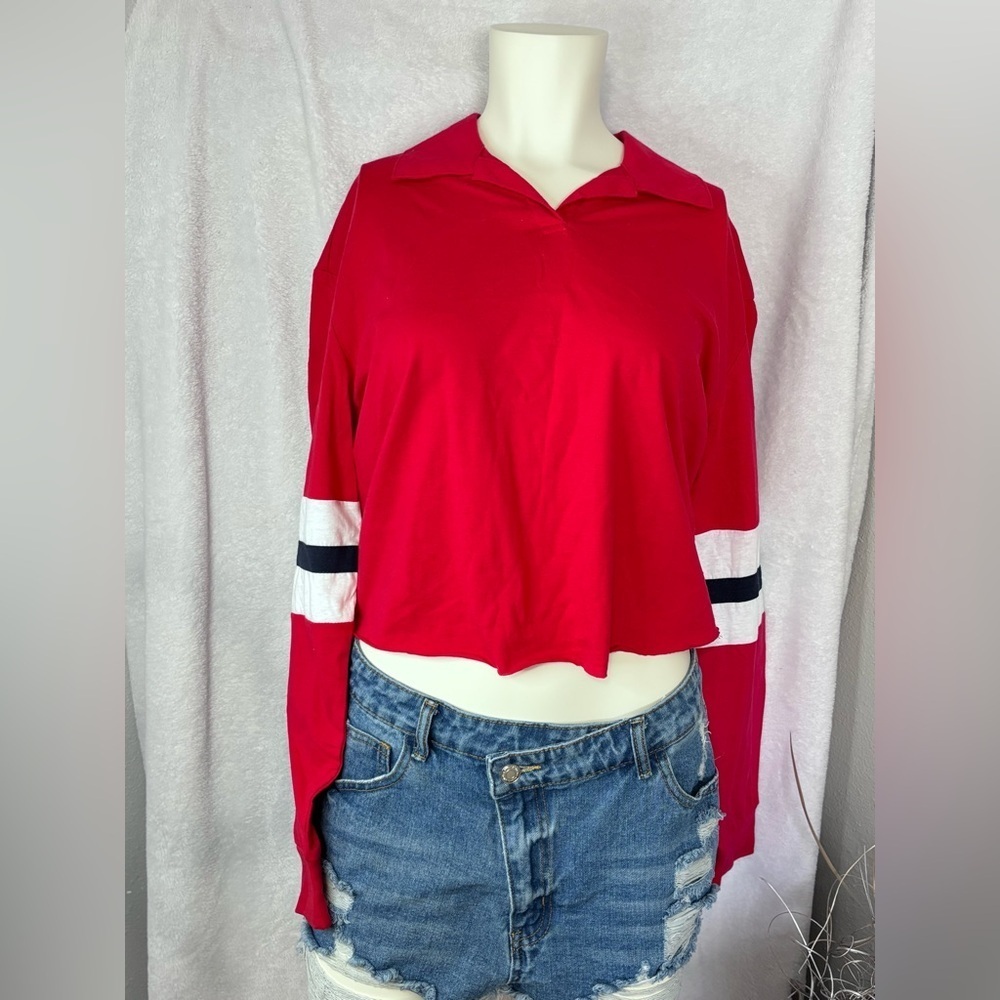 Red Long-Sleeve Crop Top with Striped Sleeves - Size Small
